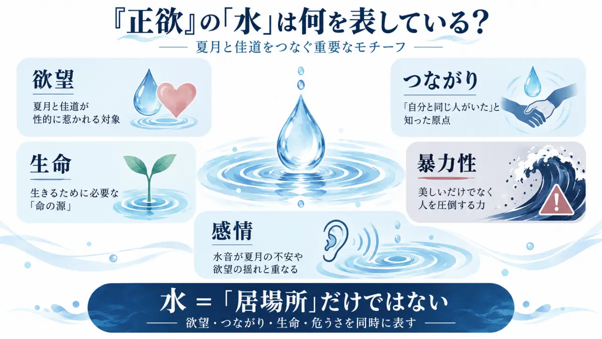 映画正欲で繰り返し描かれる水が欲望やつながり、生命、暴力性など何を表しているのか整理した図解
