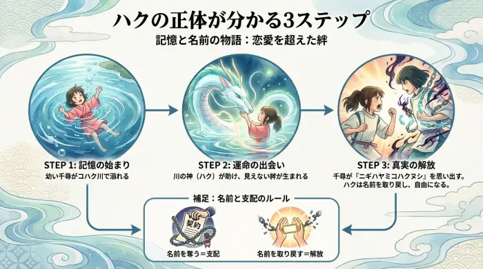 ハクの正体が分かる、千尋の記憶と本名を結ぶフロー図