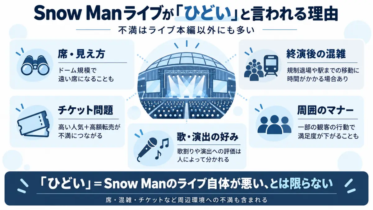 Snow Manライブがひどいと言われる主な理由を席の見え方や混雑、チケット問題などに分けて整理した図解