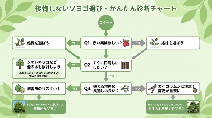 ソヨゴ選びの意思決定フローチャート。赤い実の有無、目隠しの必要性、風通しの良さなどの質問に答えることで、最適なソヨ-ゴのタイプがわかります。