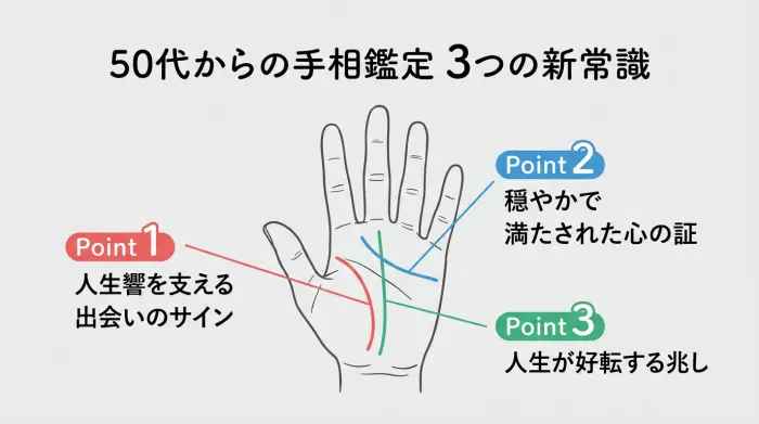 50代からの手相鑑定で重要な3つのポイントを示した手のひらのイラスト