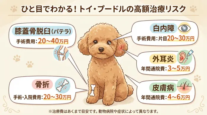 トイ・プードルのかかりやすい病気と治療費の目安を示したインフォグラフィック。膝蓋骨脱臼の手術費は20万から40万円、骨折は20万から30万円など。