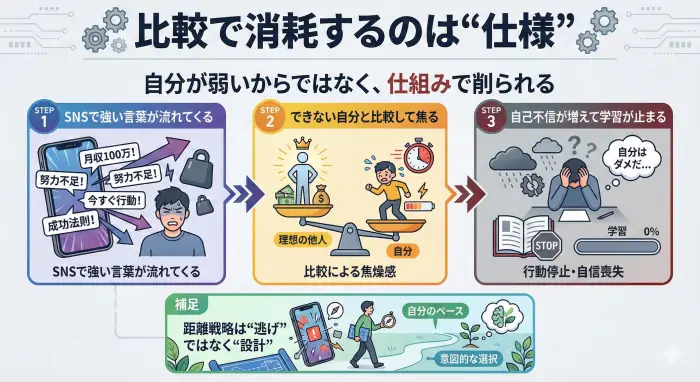 SNSの比較で自己不信が強まる流れを示した図解