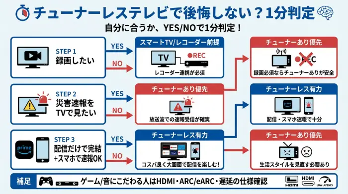 チューナーレステレビが向く人・向かない人を録画/災害/用途で判定するフローチャート