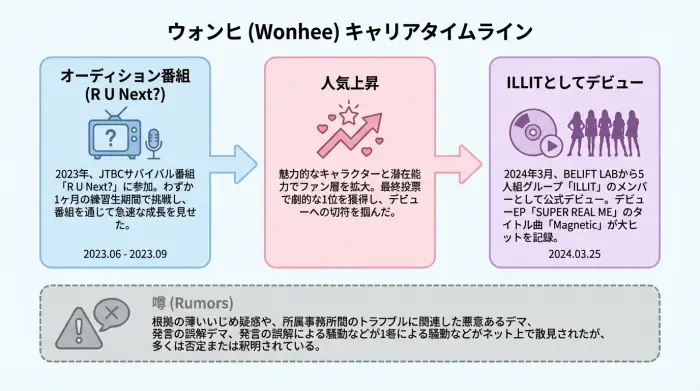 ウォンヒの昔から現在までを番組→話題化→ILLIT活動の順で示した時系列図