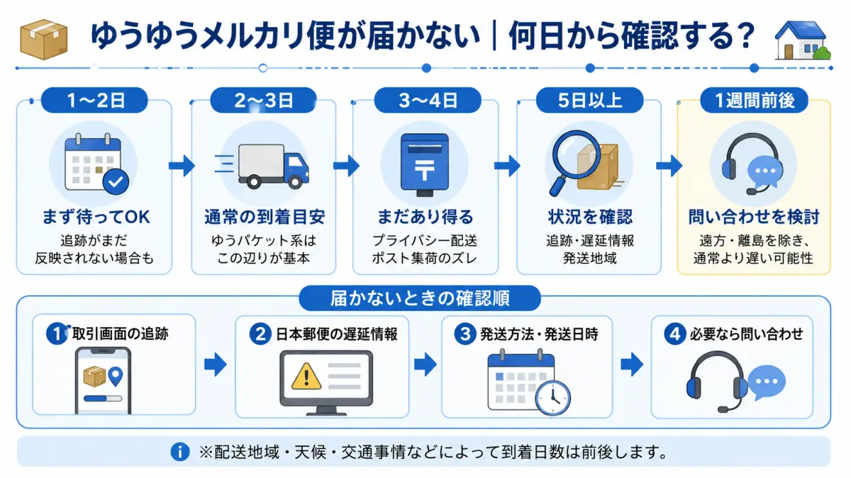 ゆうゆうメルカリ便が届かないときに、発送からの日数別で待つか確認するかを判断するフローチャート