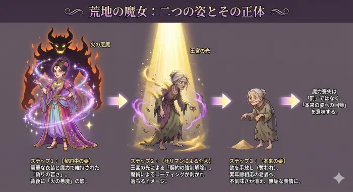 荒地の魔女がサリマンの罠によって魔力を失い、悪魔との契約から解放されて本来の老婆の姿に戻るまでの解説図