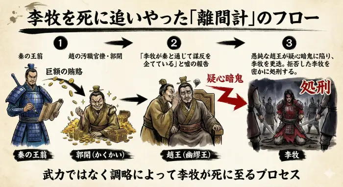秦の王翦が郭開を操り、李牧を趙国内で処刑に追い込む離間計の相関図。