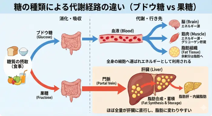 糖の種類による代謝経路の違い(ブドウ糖 vs 果糖)