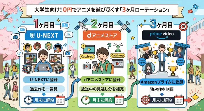 複数のVOD無料トライアルを月ごとに切り替えて利用するスケジュールの例