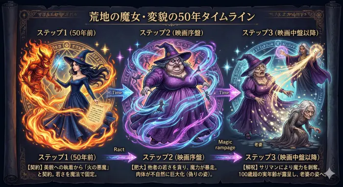 荒地の魔女が火の悪魔との契約により怪物化し、最後に魔力を失って老婆に戻るまでの変遷図。