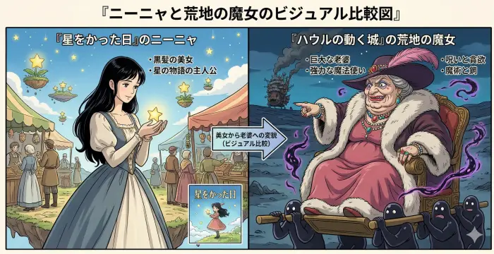 『星をかった日』のニーニャと『ハウルの動く城』の荒地の魔女のビジュアル比較図。黒髪の美女が巨大な老婆へと変貌した様子。