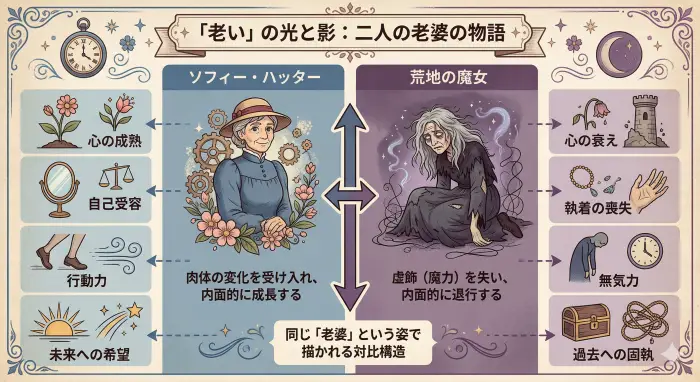 ソフィーと荒地の魔女が体現する「老い」の対比。ソフィーは心の成熟を、荒地の魔女は心の衰えを象徴している。
