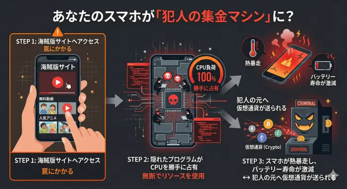 海賊版サイトが視聴者のデバイスで勝手に仮想通貨マイニングを行う仕組みの解説図
