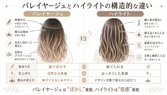 バレイヤージュとハイライトの比較図解画像