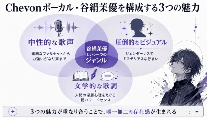 谷絹茉優の魅力を示すベン図。中性的な歌声、圧倒的なビジュアル、文学的な歌詞の3要素が重なる図。