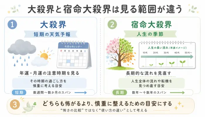 大殺界を短期の天気予報、宿命大殺界を人生の季節として比較した図
