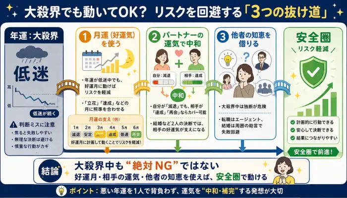 年運の低迷を月運とパートナーの運気でカバーし、安全圏に入ることを示す運気中和のインフォグラフィック図解