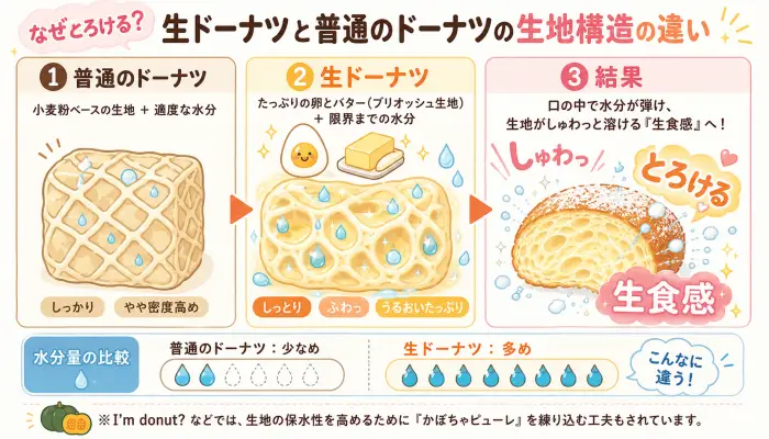 普通のドーナツと生ドーナツの生地の水分量と材料の違いを比較したイラスト図解