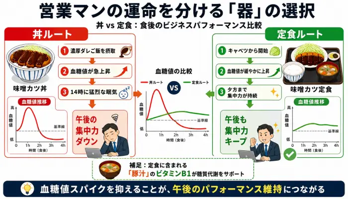 味噌カツ丼と味噌カツ定食の血糖値推移の比較図。