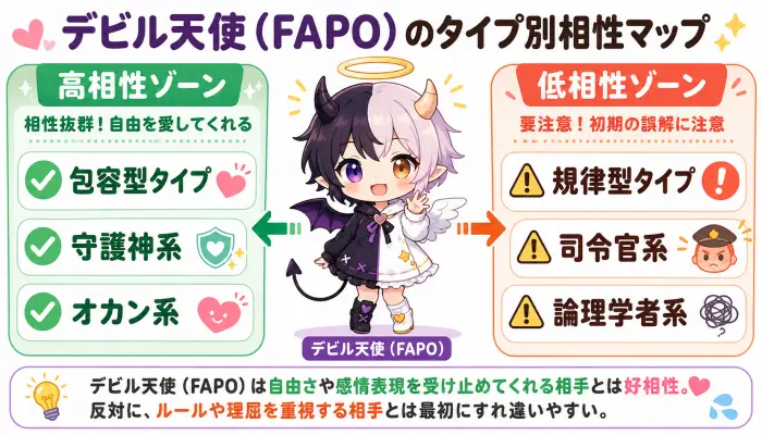 デビル天使(FAPO)を中心とした、包容型タイプとの高相性、規律型タイプとの低相性を示す相関図。