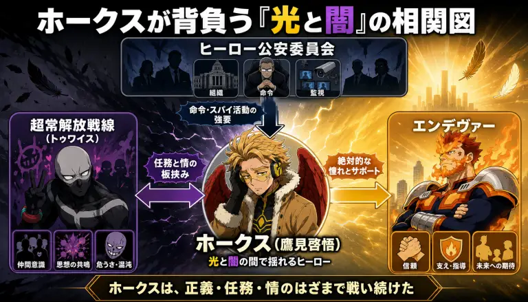 ホークスを中心とした、ヒーロー公安委員会、エンデヴァー、超常解放戦線（トゥワイス）との複雑な関係性を示す相関図
