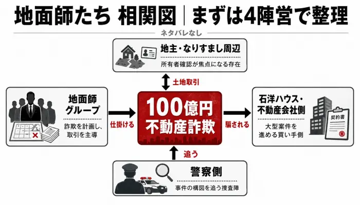 Netflixドラマ『地面師たち』の人物関係を、地面師グループ・不動産会社側・地主側・警察側の4陣営で整理した相関図。