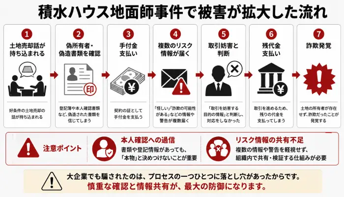 積水ハウス地面師事件で土地売却話から偽造書類確認、リスク情報の見落とし、残代金支払い、詐欺発覚に至る流れを示す図解
