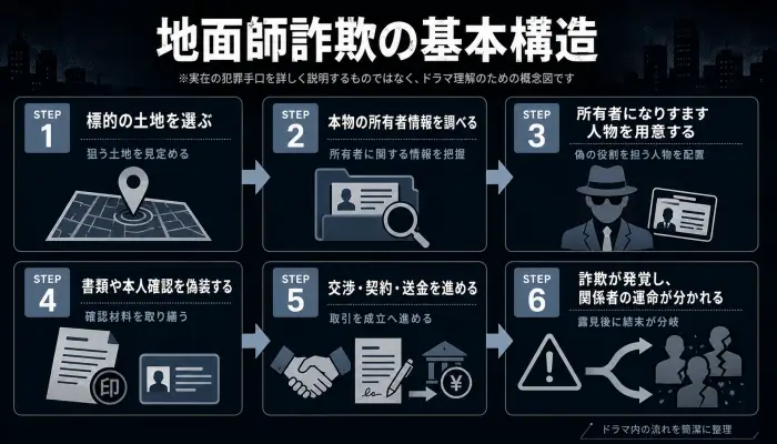 『地面師たち』に登場する地面師詐欺の基本構造を、標的選定から契約・発覚まで時系列で示した図解。