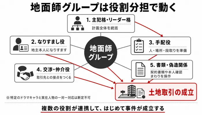 地面師グループの主犯格、なりすまし役、手配役、交渉役、書類関係の役割分担を示した図解。