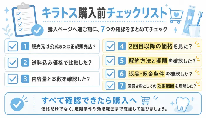 キラトスを買う前に販売元、価格、内容量、定期条件、解約条件、返品条件、効果範囲を確認するチェックリスト。