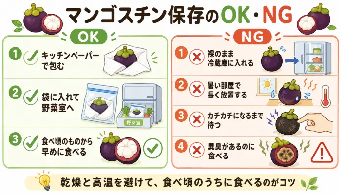 マンゴスチンを乾燥させずに保存するためのOK行動とNG行動を比較した図解。