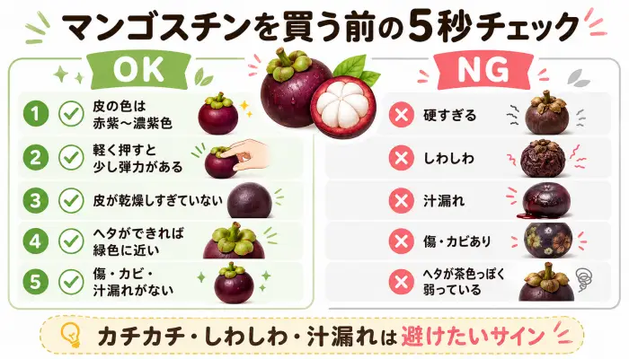 マンゴスチンを買う前に確認したい皮の色、弾力、乾燥、ヘタ、傷みのチェックポイント