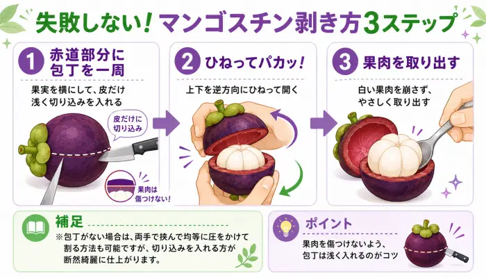 マンゴスチンを包丁で切って、ひねってパカッと開ける様子を図解したインフォグラフィック。