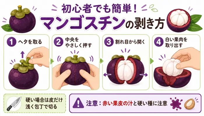 マンゴスチンのヘタを取り、皮を割って白い果肉を取り出す剥き方の手順図。