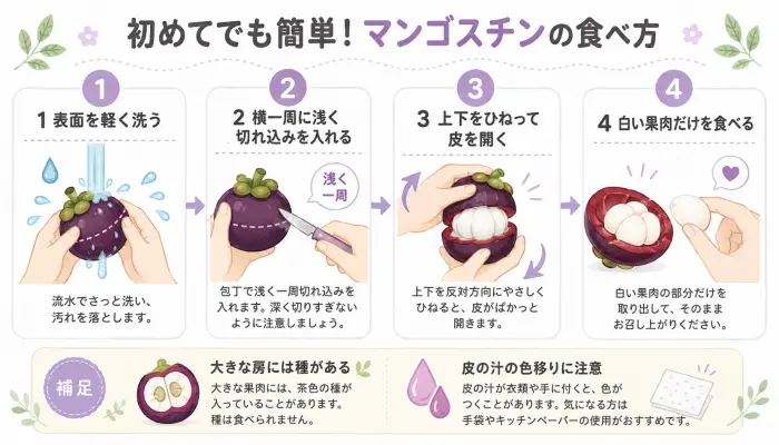 ンゴスチンの皮に切れ込みを入れて白い果肉を取り出す食べ方を4ステップで示した図