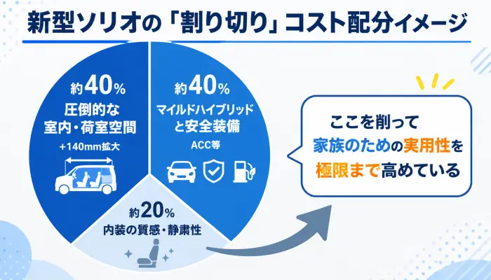 新型ソリオのコスト配分を示す円グラフ。室内空間と安全装備に大部分のコストが割かれ、内装の質感は抑えられていることを示している。