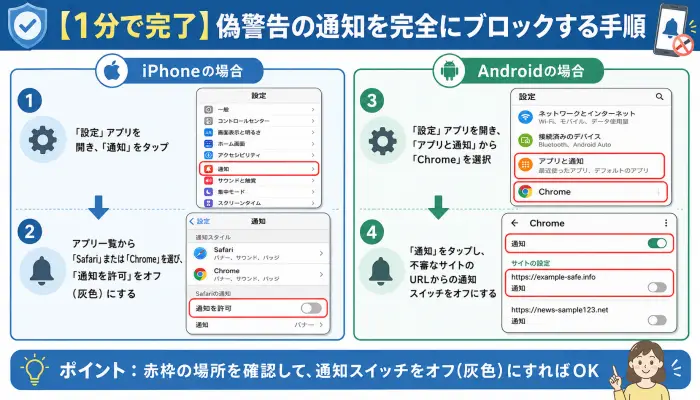 スマートフォンの設定画面からブラウザの通知をオフにするステップバイステップの手順を図解したイラスト