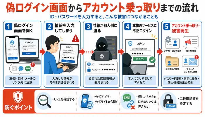 偽ログイン画面からアカウント乗っ取りまでのフロー図