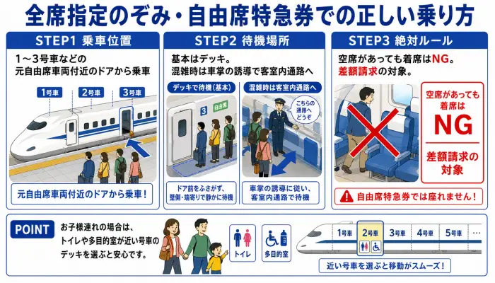 全席指定のぞみに自由席特急券で乗車する際の正しい立ち位置と、着席禁止のルールを示した図解