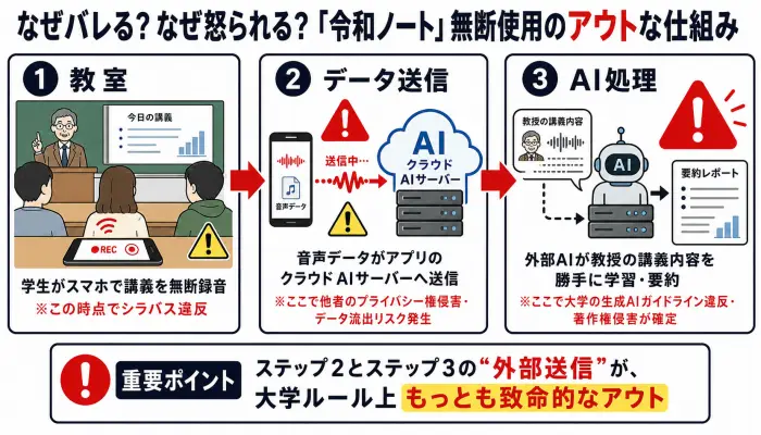 学生のスマホから外部AIサーバーへ講義データが送信され、著作権違反とガイドライン違反が発生するフロー図