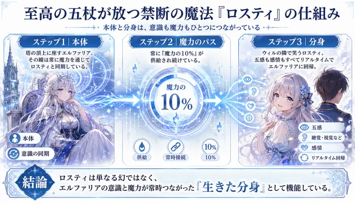 エルファリアとロスティの意識・魔力接続図