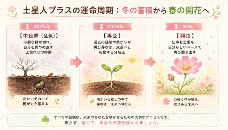 2025年の中殺界で蓄積した経験が2026年の「再会」で芽吹き開花するプロセスを描いた植物の成長イラスト図解