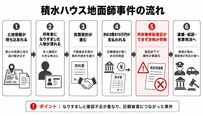 積水ハウス地面師事件の土地情報、なりすまし、契約、代金支払い、登記却下、裁判までの流れを示した時系列図。