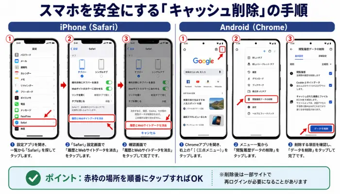 iPhoneのSafariおよびAndroidのChromeでブラウザキャッシュ（閲覧履歴）を削除するための具体的な画面操作手順