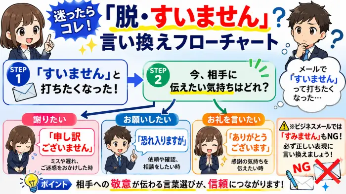 すいません・すみませんの正しい言い換えがわかるフローチャート。謝罪は申し訳ございません、依頼は恐れ入りますが、感謝はありがとうございますに言い換える。