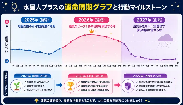 2025年の健弱から2026年の達成で運気がピークに達し、2027年の乱気で急降下する水星人プラスのバイオリズムを示すグラフ