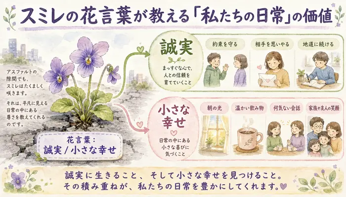 アスファルトの隙間で咲くスミレの花と、その花言葉である「誠実」「小さな幸せ」が私たちの日常とどうリンクしているかを示す、温かみのある水彩画風のイラスト図解
