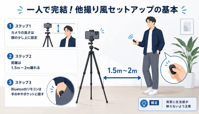 三脚に固定したスマートフォンと、離れた場所からBluetoothリモコンで撮影する男性のイラスト