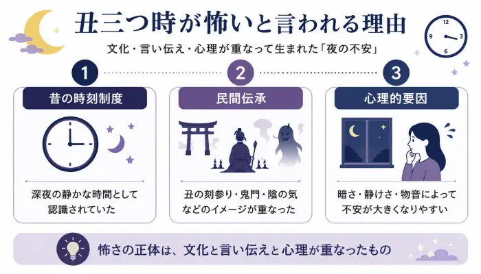 丑三つ時が怖いと言われる理由を、昔の時刻制度・民間伝承・心理的要因の3つに分けて示した図解